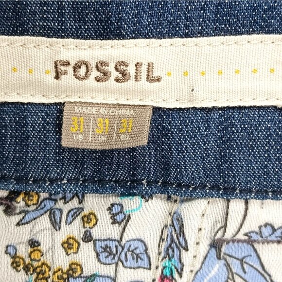 Fossil Dark Wash Stretch Chambray Skirt Siz 31 Chino Style Pockets Elastic Waist - Picture 7 of 7